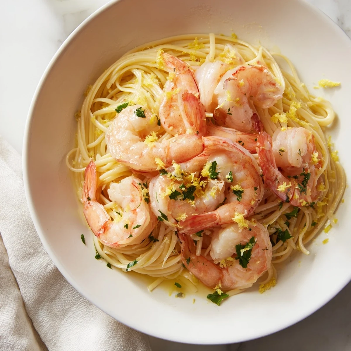 Close-up of Lemon Herb Pasta with shrimp: a fragrant pasta dish with fresh herbs and lemon.