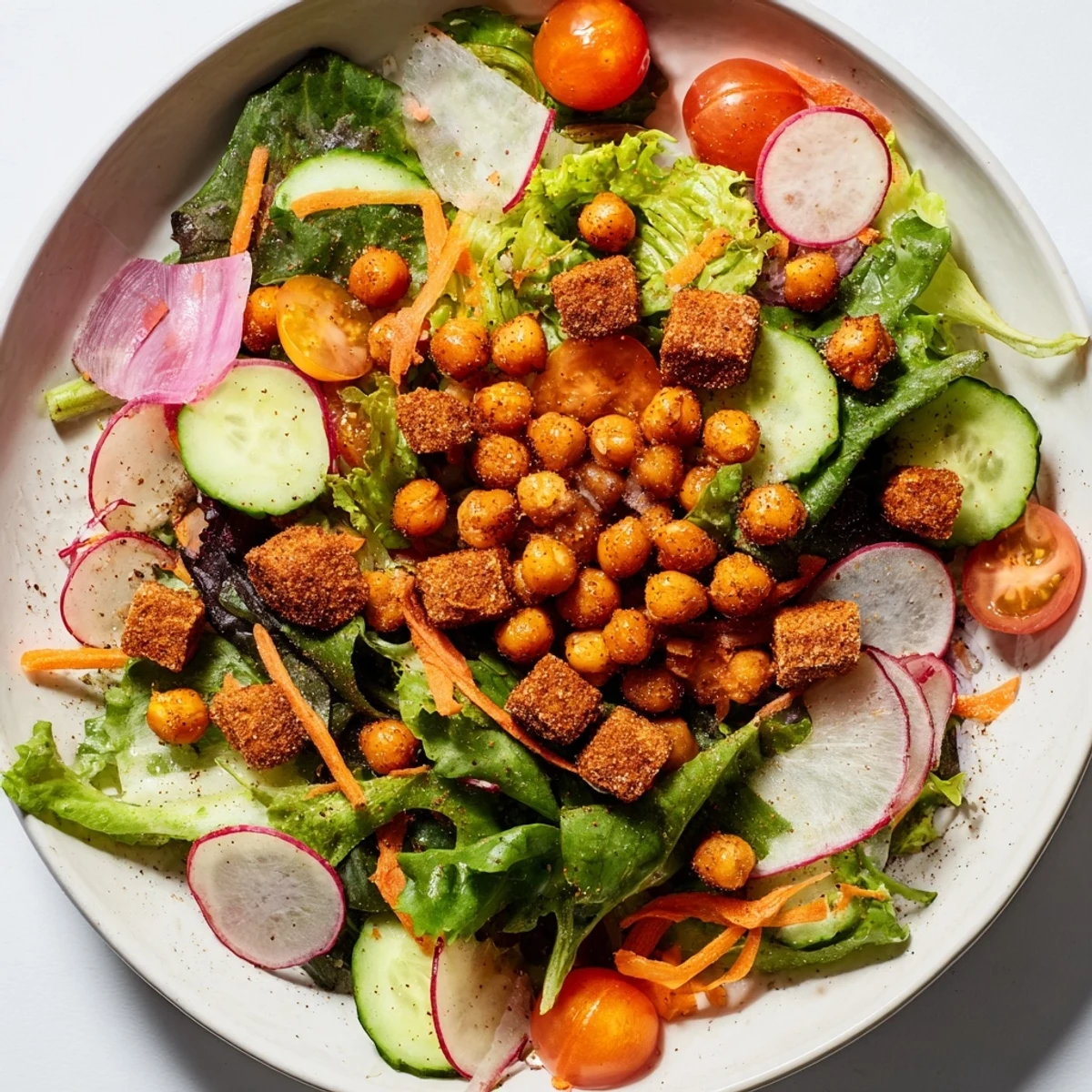 Mixed Greens Salad with crispy chickpea croutons: a colorful, refreshing salad ready to be enjoyed.