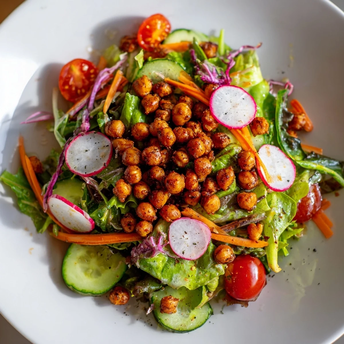 This Mixed Greens Salad with crispy, golden chickpea croutons is tossed and ready to eat!