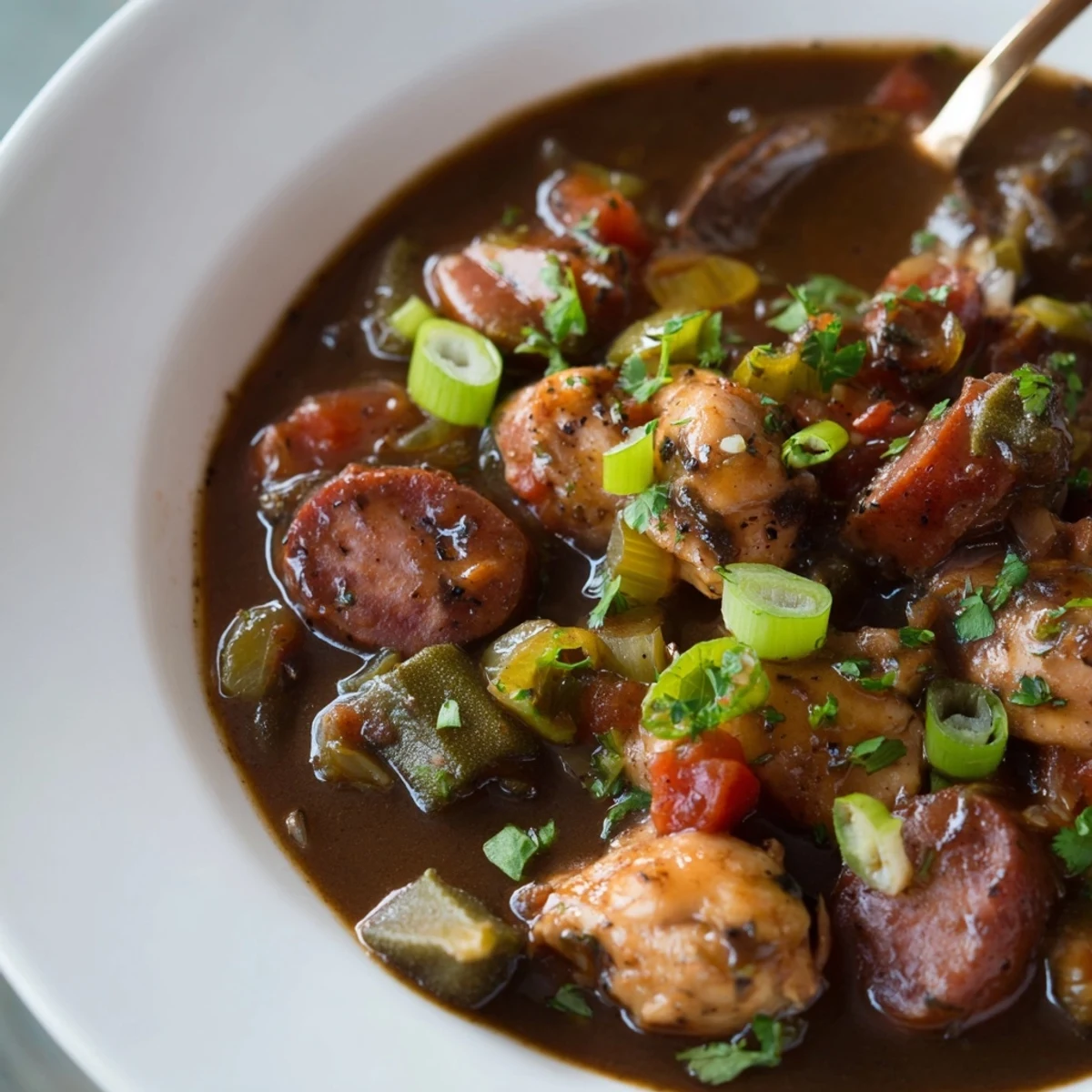 Steaming bowl of Gumbo Okra Soup with tender chicken and sausage; a comforting Southern dish.