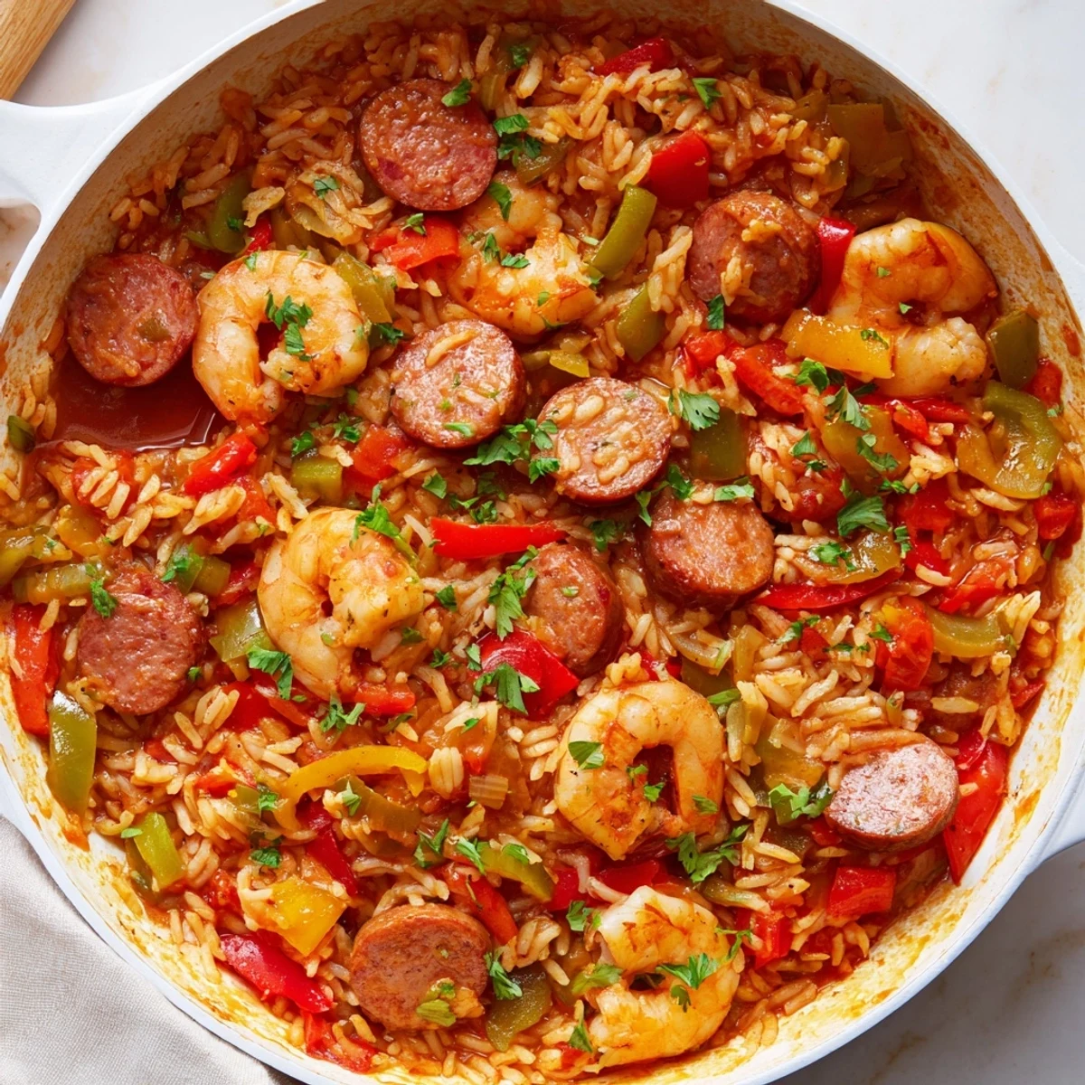 Steaming hot Jambalaya Skillet, bursting with shrimp, sausage, and vegetables, ready to serve and enjoy.