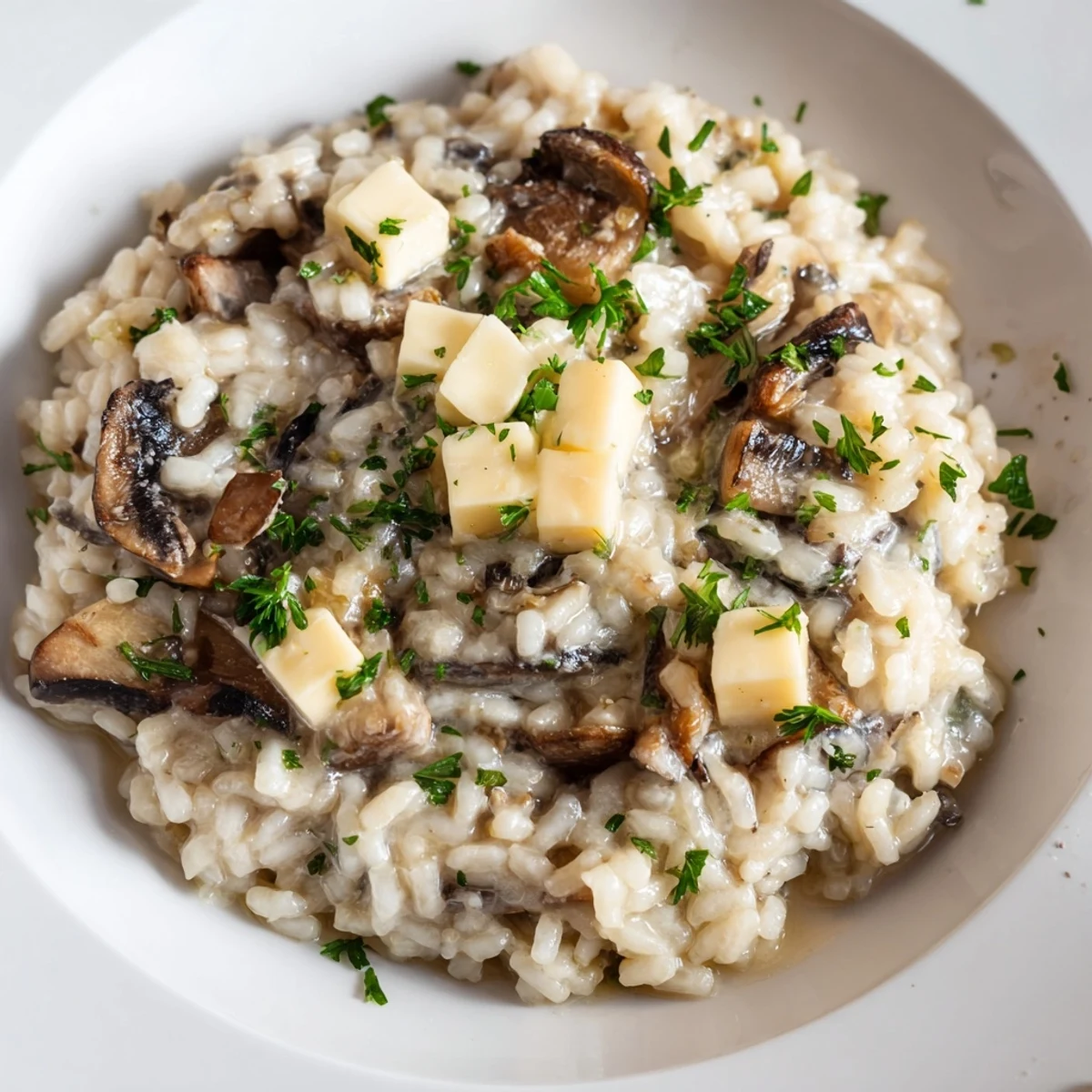 A steamy bowl of creamy risotto with mushrooms, ready to be enjoyed with Parmesan.