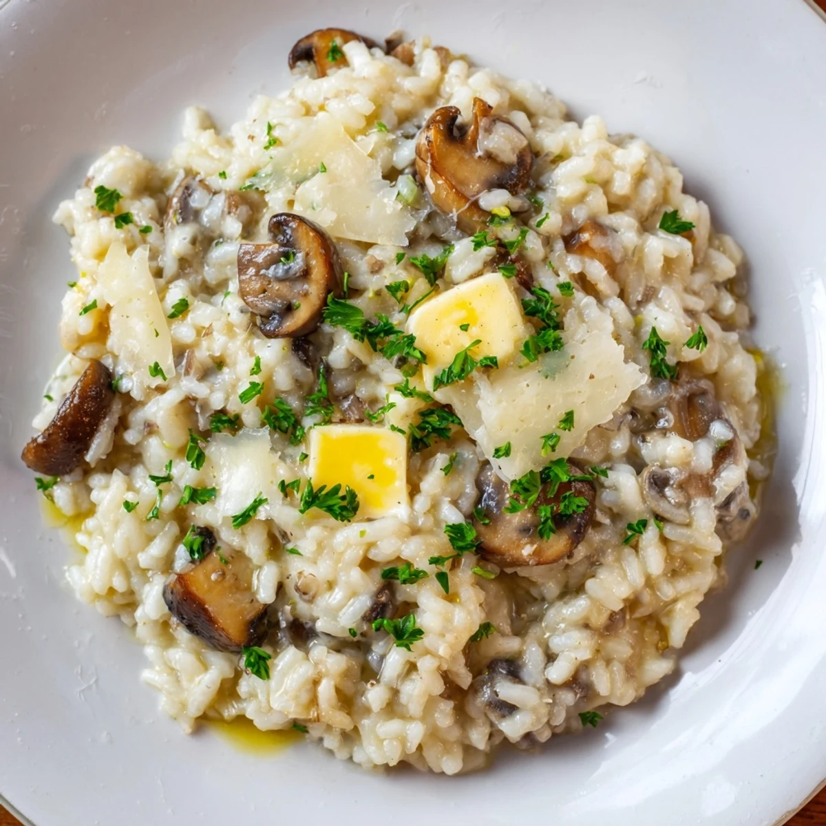 Close-up of a beautifully textured risotto with mushrooms, perfect for a cozy dinner.