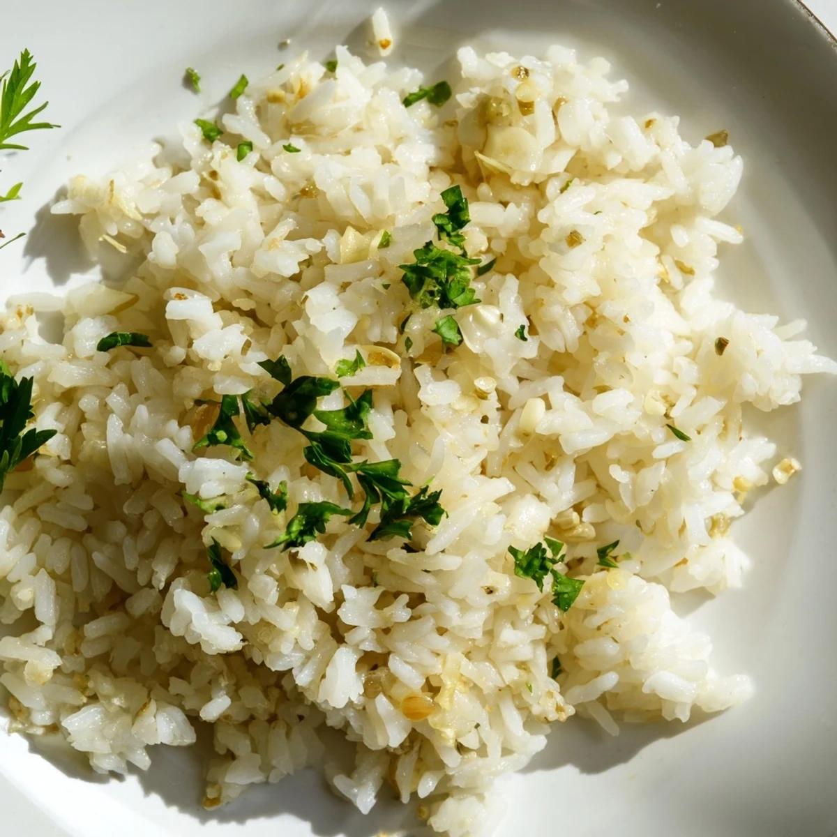 Steaming bowl of garlic butter rice, savory and infused with garlic, ready to be served and enjoyed.