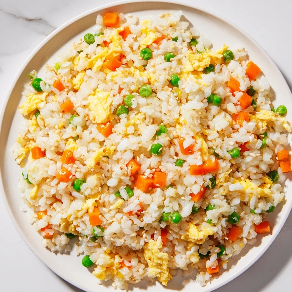 Delicious homemade Egg Fried Rice garnished with scallions; a simple recipe for busy cooks.