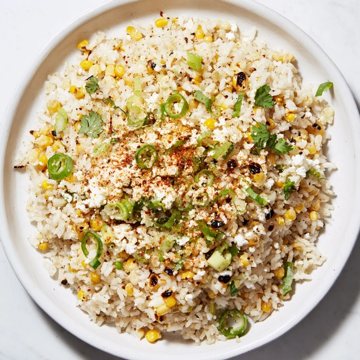 Fluffy Mexican Street Corn Rice, featuring charred corn and creamy cotija cheese, ready to serve.