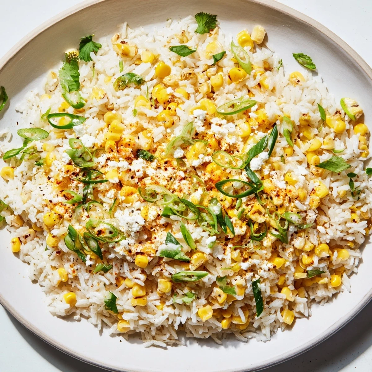 A vibrant bowl of Mexican Street Corn Rice, seasoned with lime and chili powder.