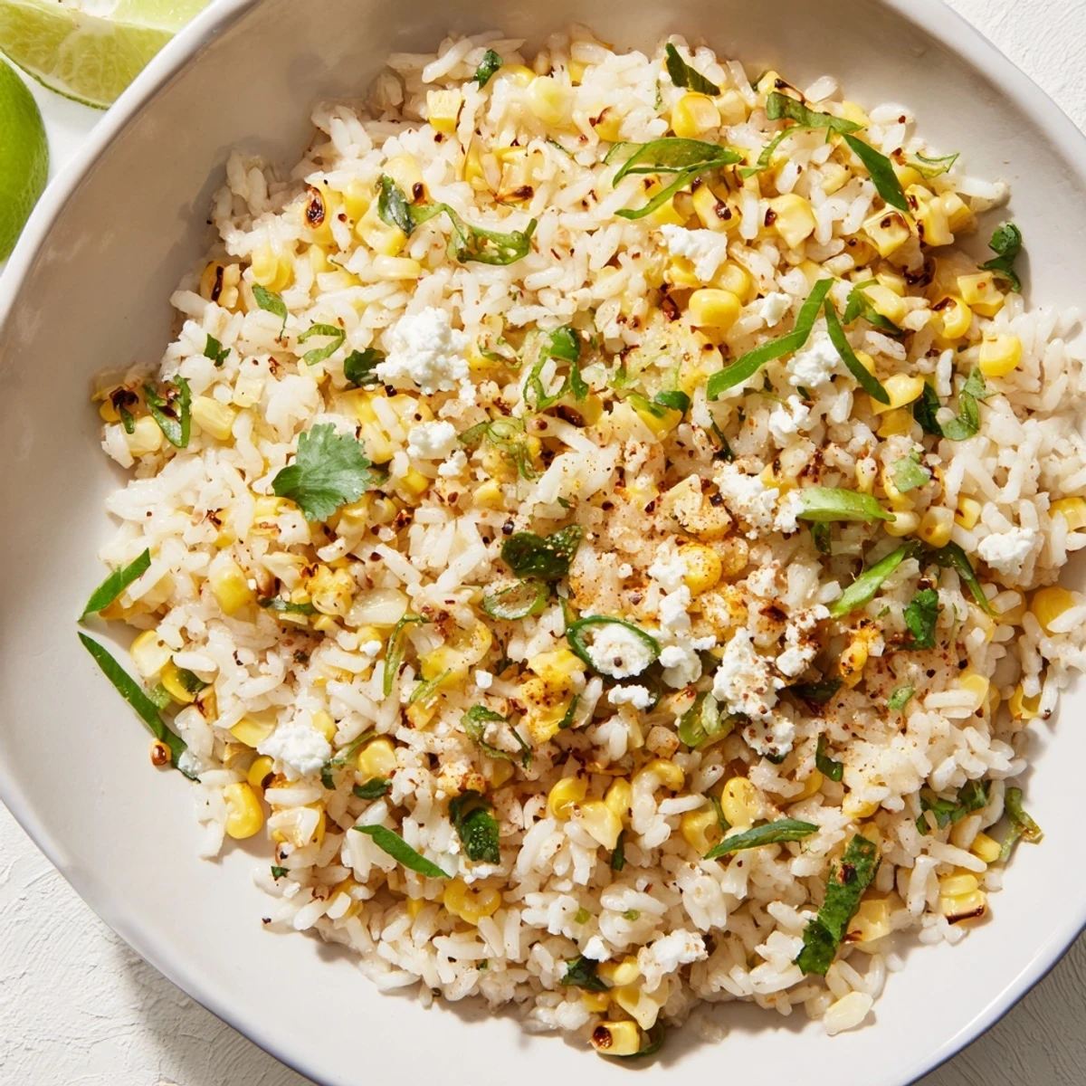 Close-up of freshly made Mexican Street Corn Rice; a flavorful vegetarian side dish.