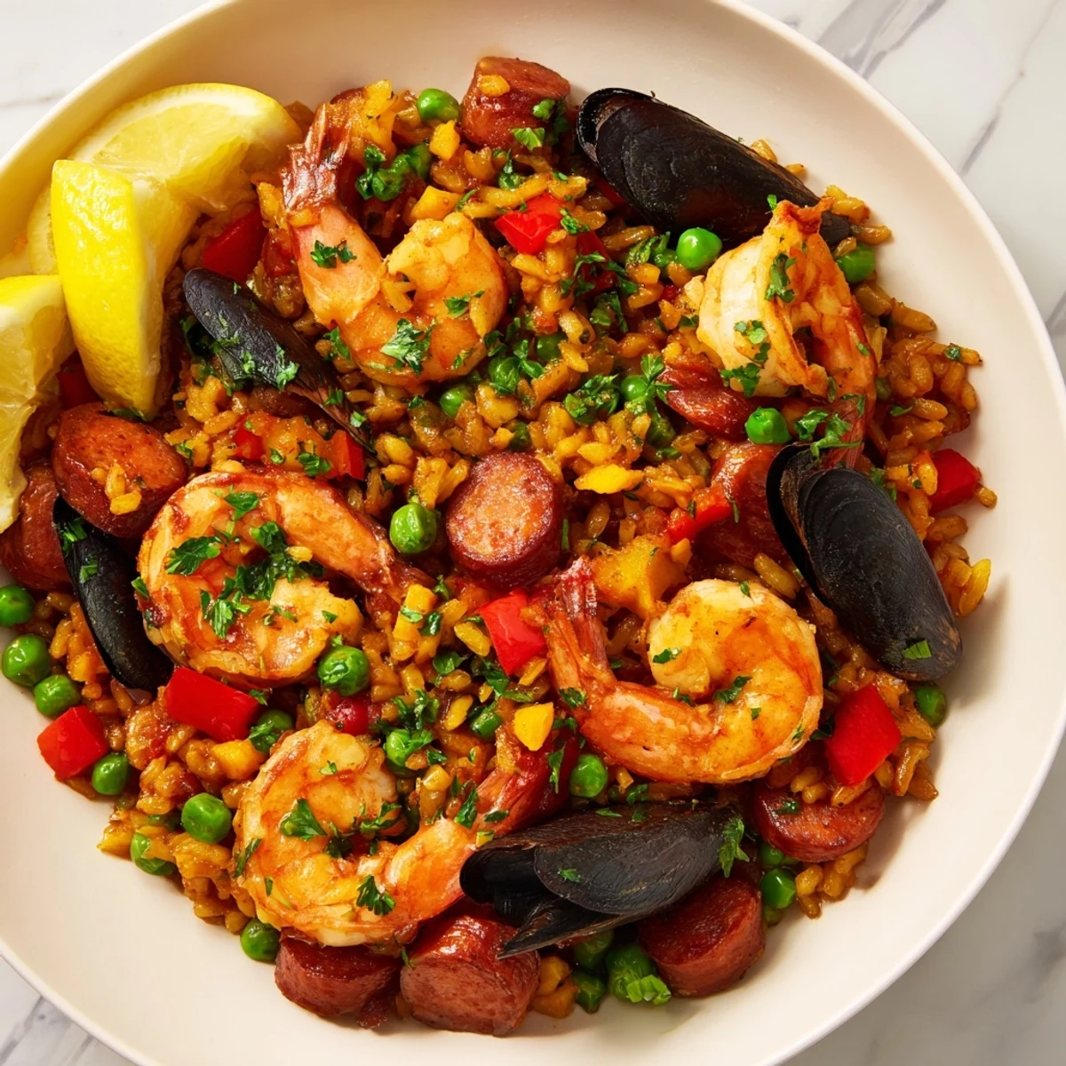 Close-up of a colorful paella brimming with seafood and vegetables, perfect for a festive occasion.