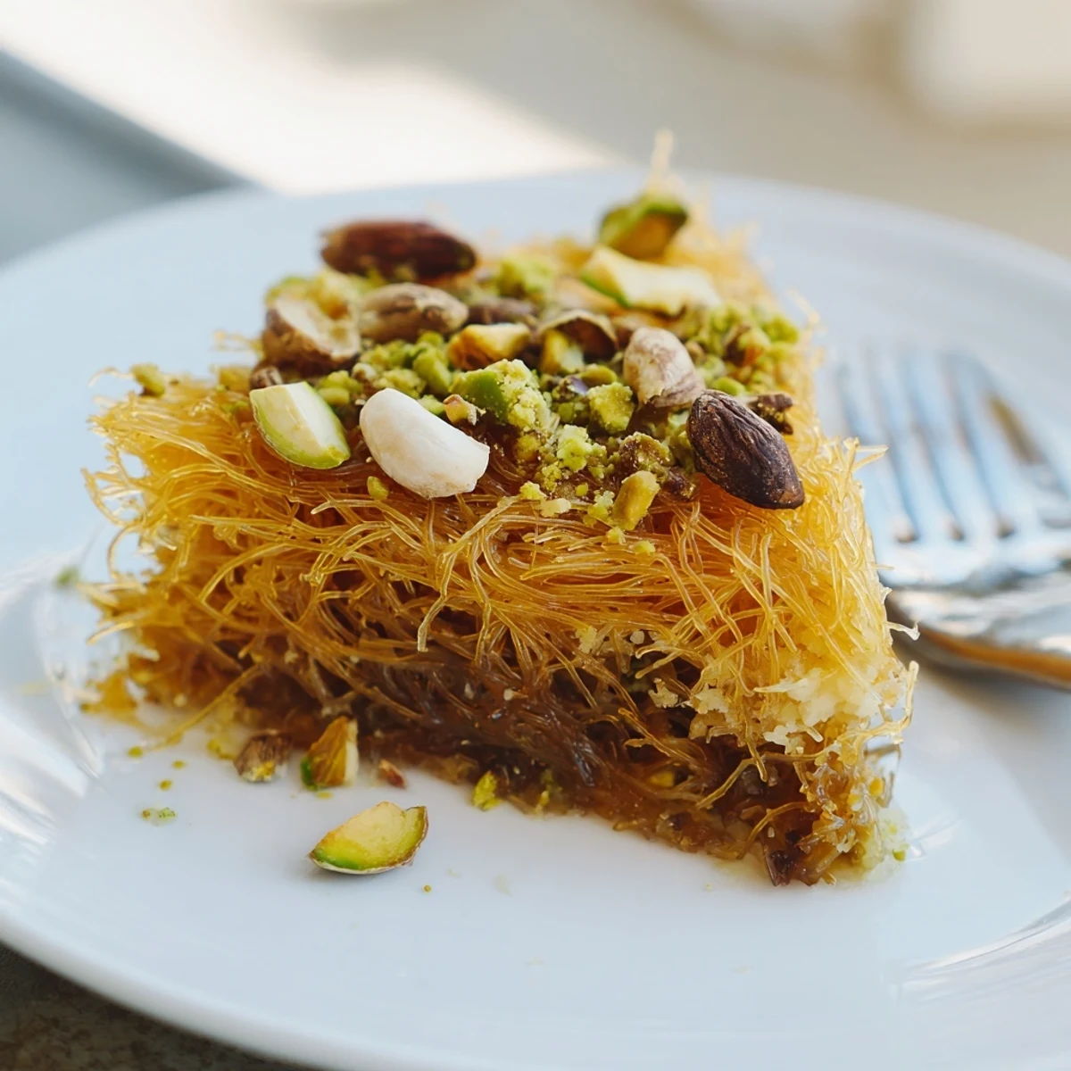 Golden, crispy Egyptian Konafa dessert drizzled with sweet honey syrup, ready to eat.