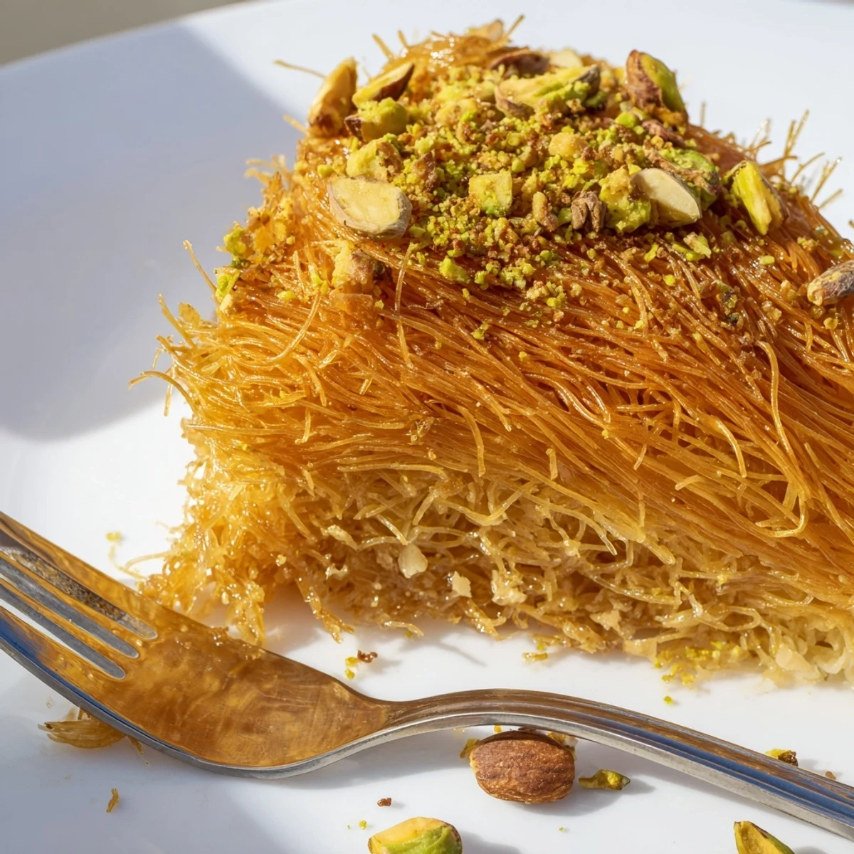 Close-up of a beautifully layered Egyptian Konafa, a sweet Middle Eastern pastry.