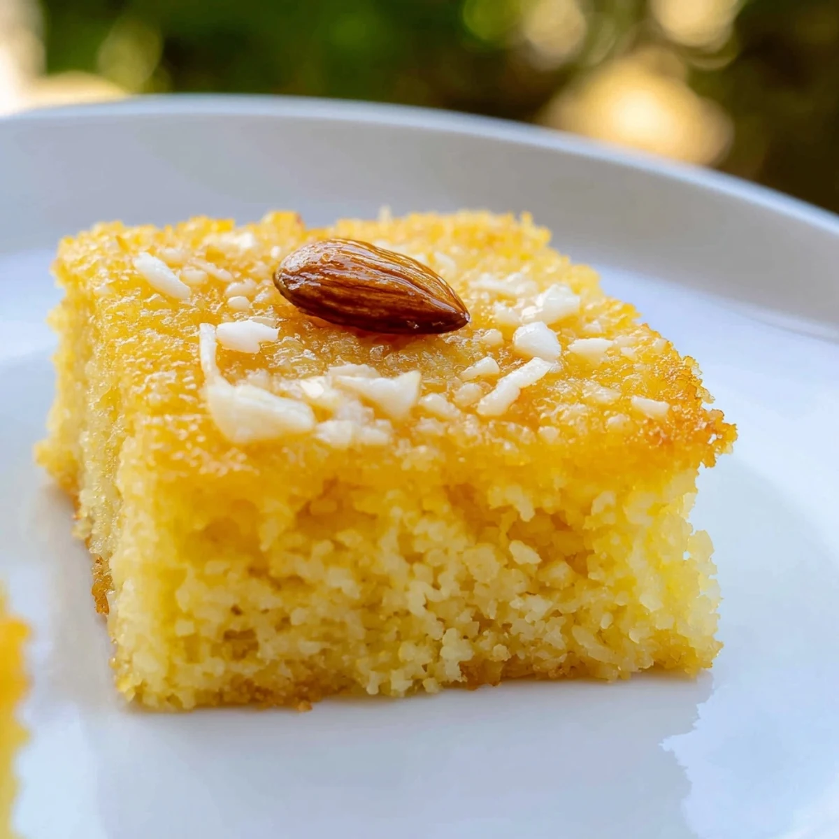 Golden-brown Egyptian Basbousa cake, drizzled with sweet syrup, awaiting a bite of coconutty deliciousness.