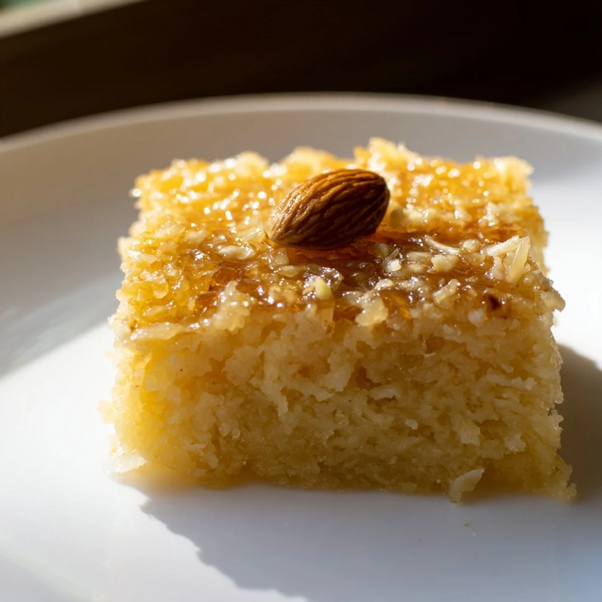 A close-up of warm, syrupy Basbousa, crowned with almonds, offering a taste of authentic Egyptian dessert.