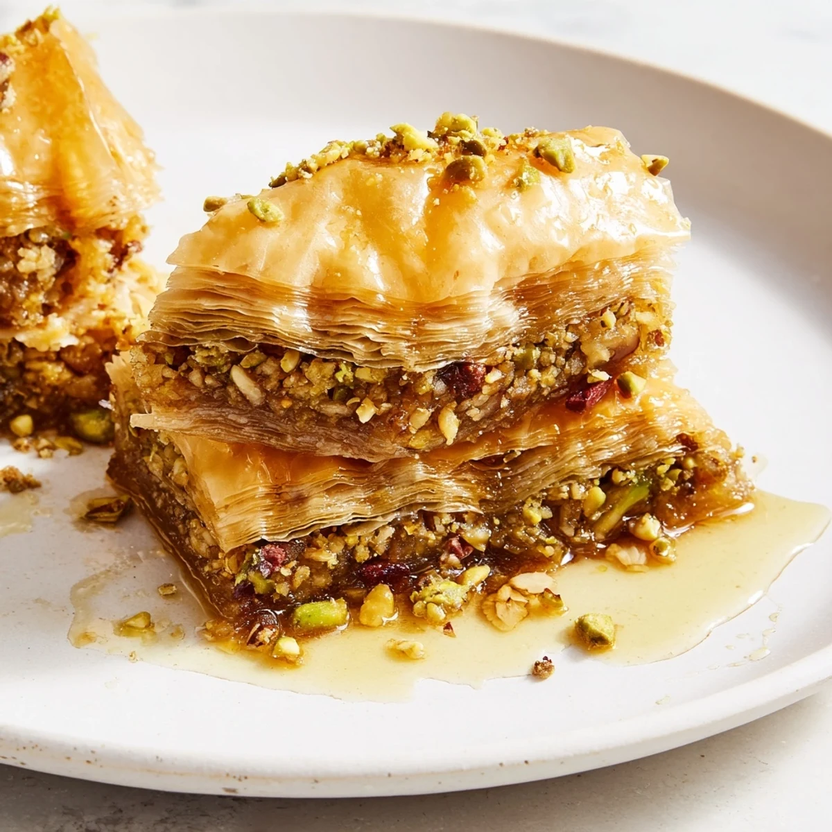 A close-up of delicious Turkish Baklava with honey syrup reveals a sweet, nutty, layered dessert, ready to enjoy.