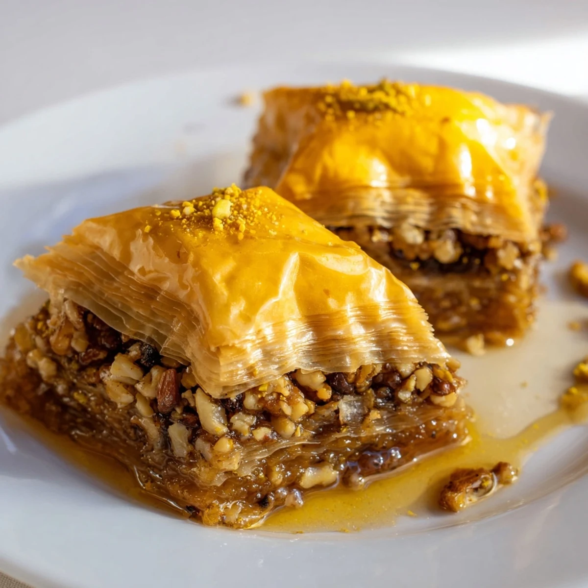 Golden-brown Turkish baklava with honey syrup glistens, showcasing layers of crispy phyllo dough and nuts.