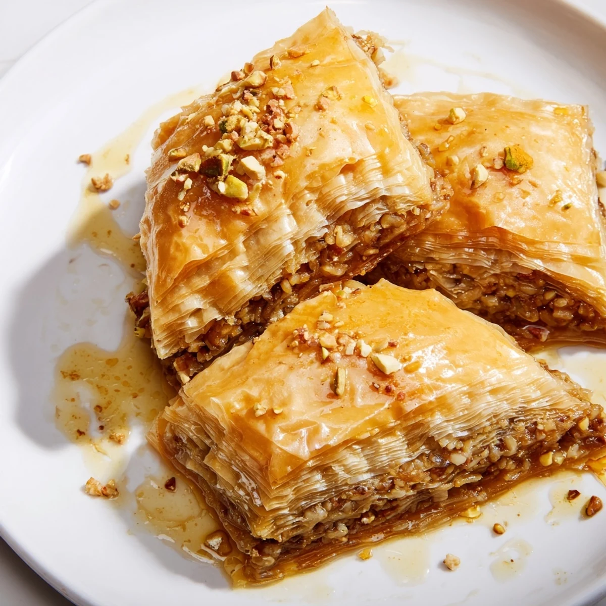 Freshly baked Turkish baklava with honey syrup, a vegetarian dessert, drizzled with golden, flavorful syrup.