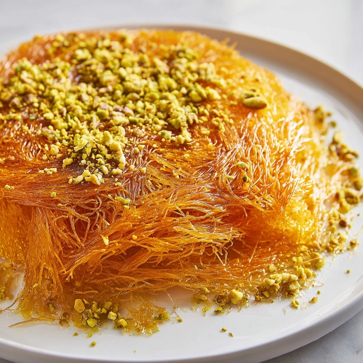 A close-up of warm, cheesy Lebanese Knafeh, its crispy phyllo crust contrasting with the soft filling.