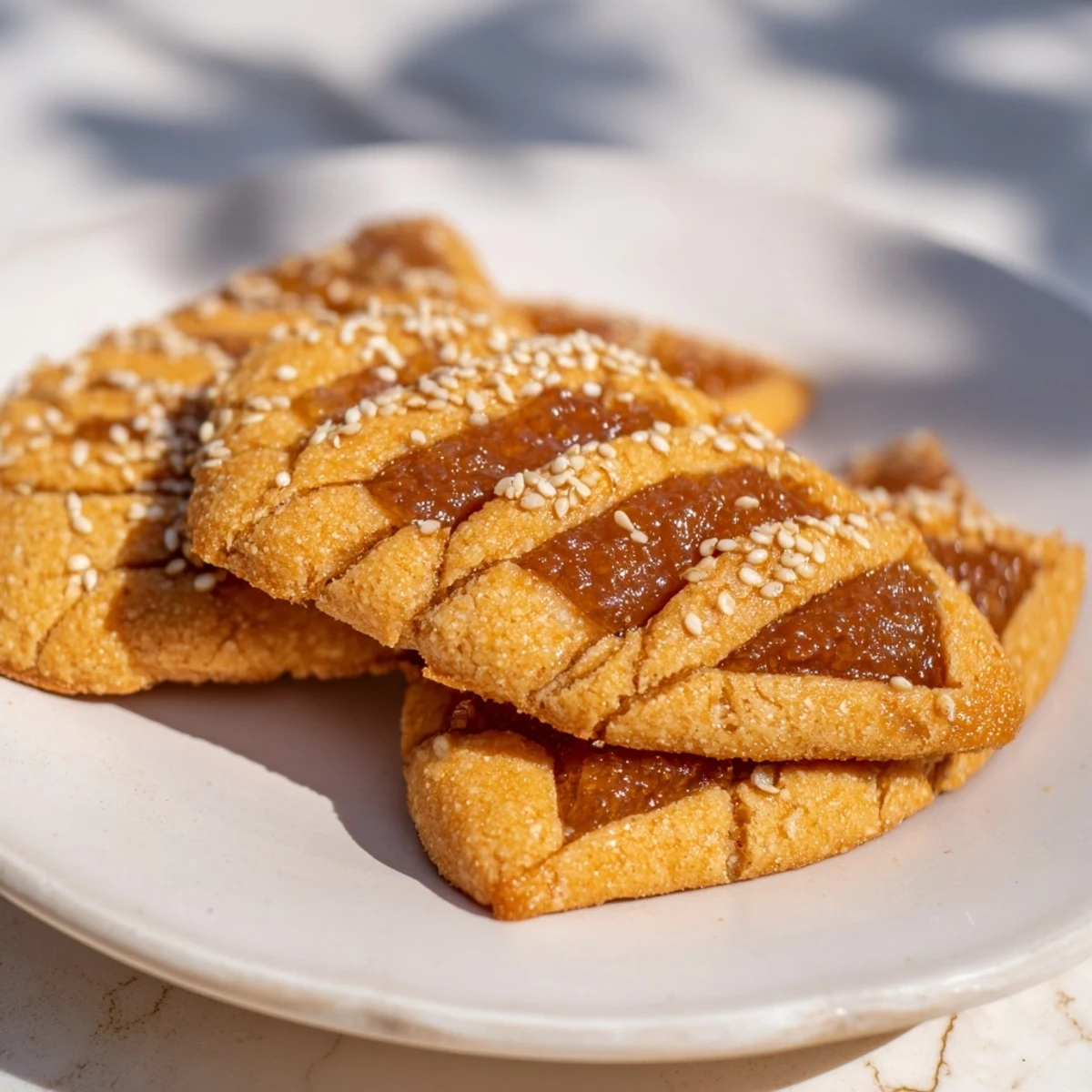 Golden, crispy Tunisian makroudh cookies, ready to be enjoyed with flavorful date filling and honey glaze.