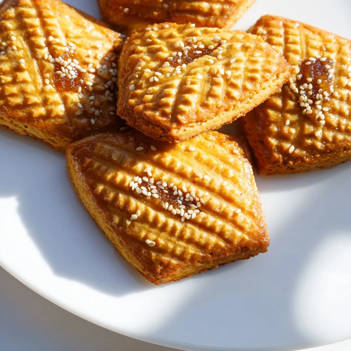 Close-up of golden-brown, diamond-shaped Tunisian makroudh, showcasing the delicious date filling inside.