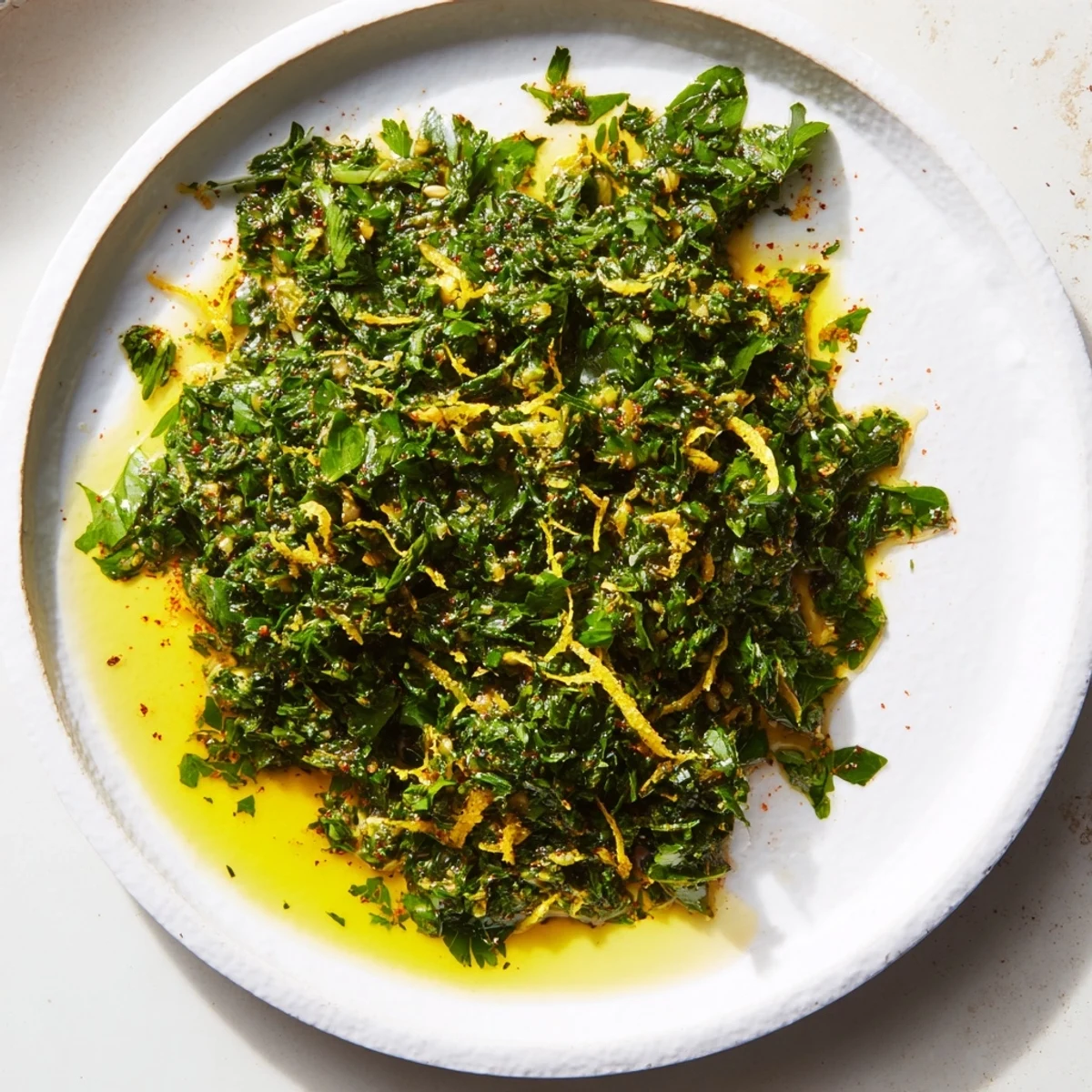 Vibrant photo shows the finished Moroccan Chermoula Marinade's fresh cilantro, garlic, creating a potent essence.