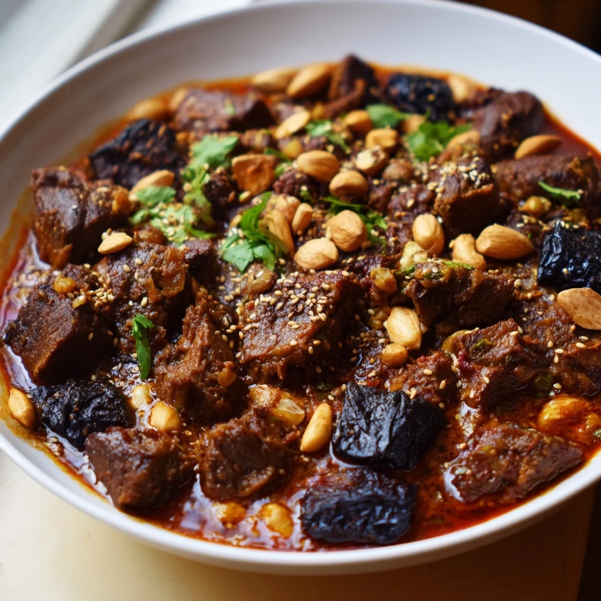 A steaming bowl of Moroccan Lamb Tagine, rich with prunes and toasted almonds.