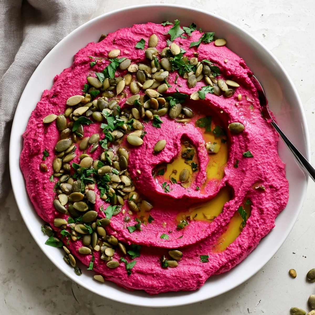 Creamy Beet Hummus in a white bowl, topped with olive oil, toasted pumpkin seeds and fresh parsley, served with raw veggies.