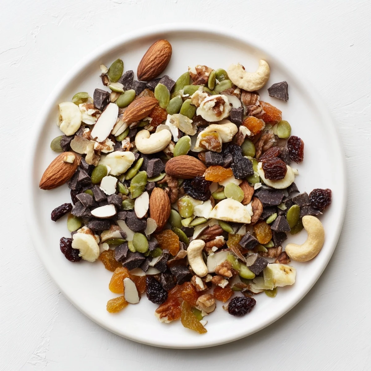 A bowl of homemade Trail Mix Custom with almonds, cashews, dried cranberries, and dark chocolate chips.  