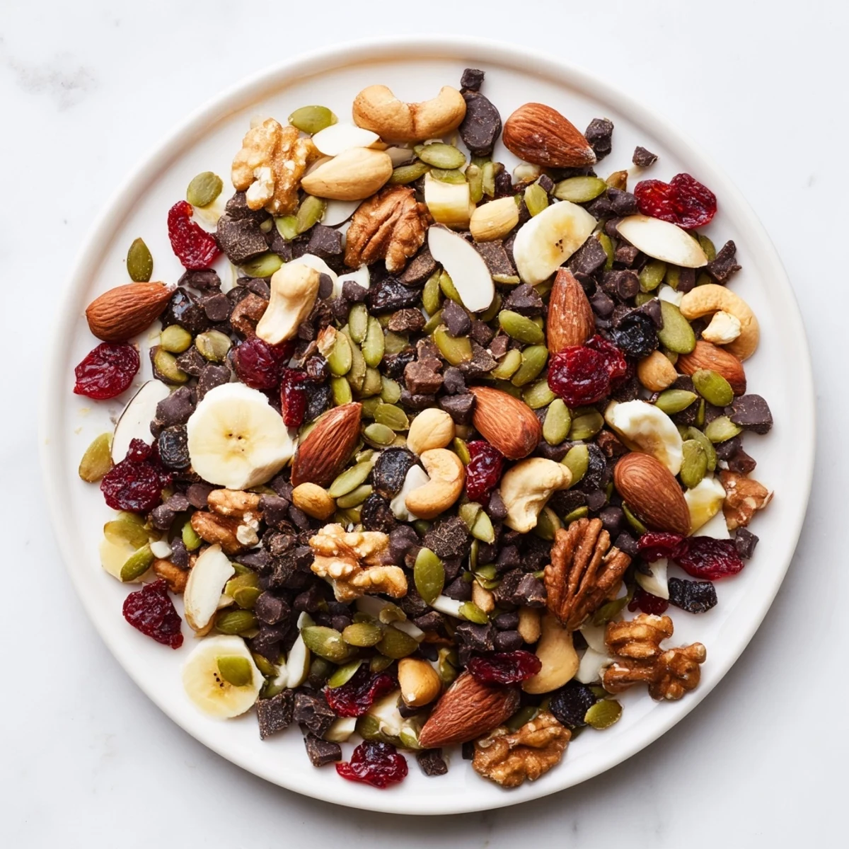 Vibrant Trail Mix Custom with pumpkin seeds, walnuts, and dried apricots on a wooden table.