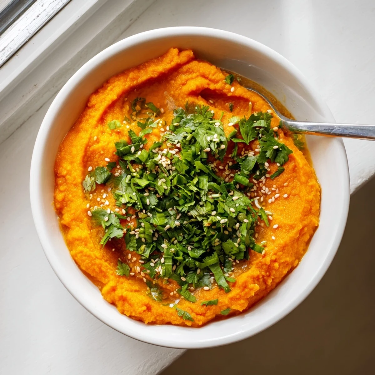 Creamy carrot ginger dip garnished with cilantro and sesame seeds, served with fresh veggies and pita chips for dipping.