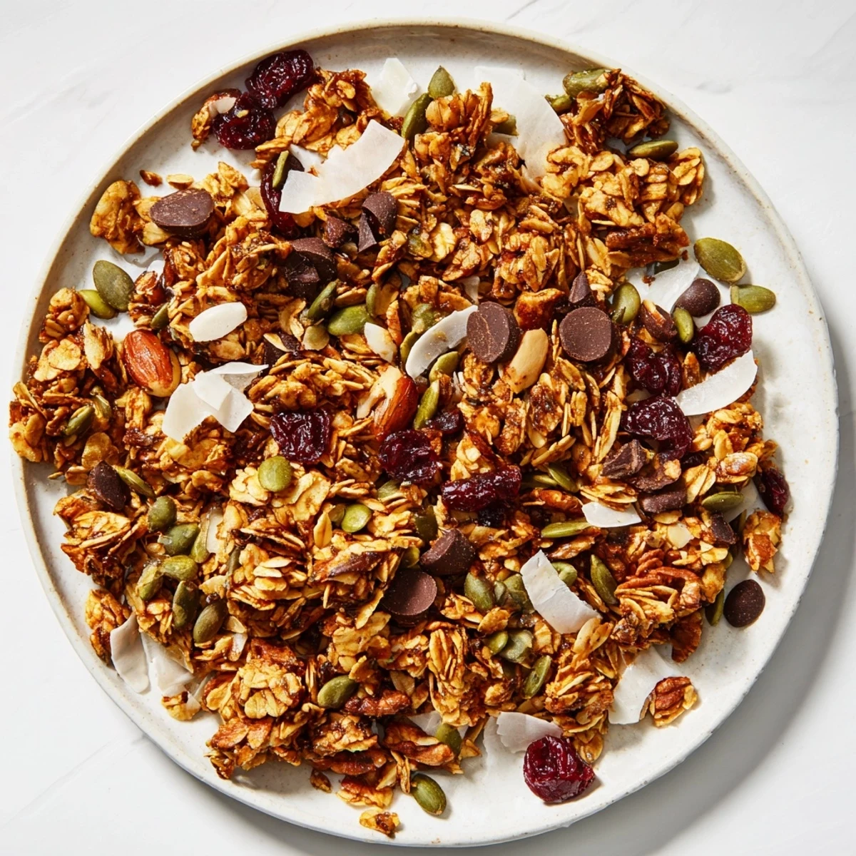 Crisp Granola Clusters served in a white bowl with fresh milk and yogurt.
