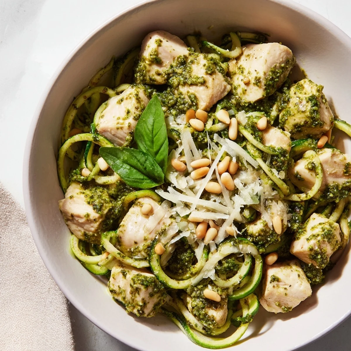 Golden brown chicken pieces tossed with spiralized zucchini noodles, fresh basil pesto, and a squeeze of lemon juice.  
