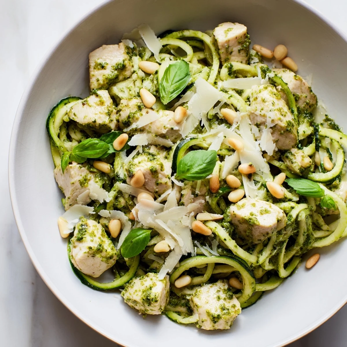 A vibrant bowl of Pesto Zucchini Chicken topped with toasted pine nuts, grated Parmesan, and fresh basil leaves.  