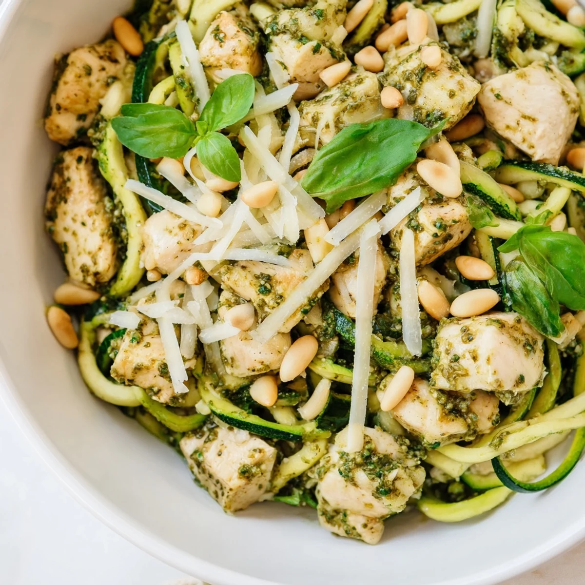 Tender sautéed chicken and crisp zucchini noodles coated in aromatic basil pesto, ready to serve immediately.