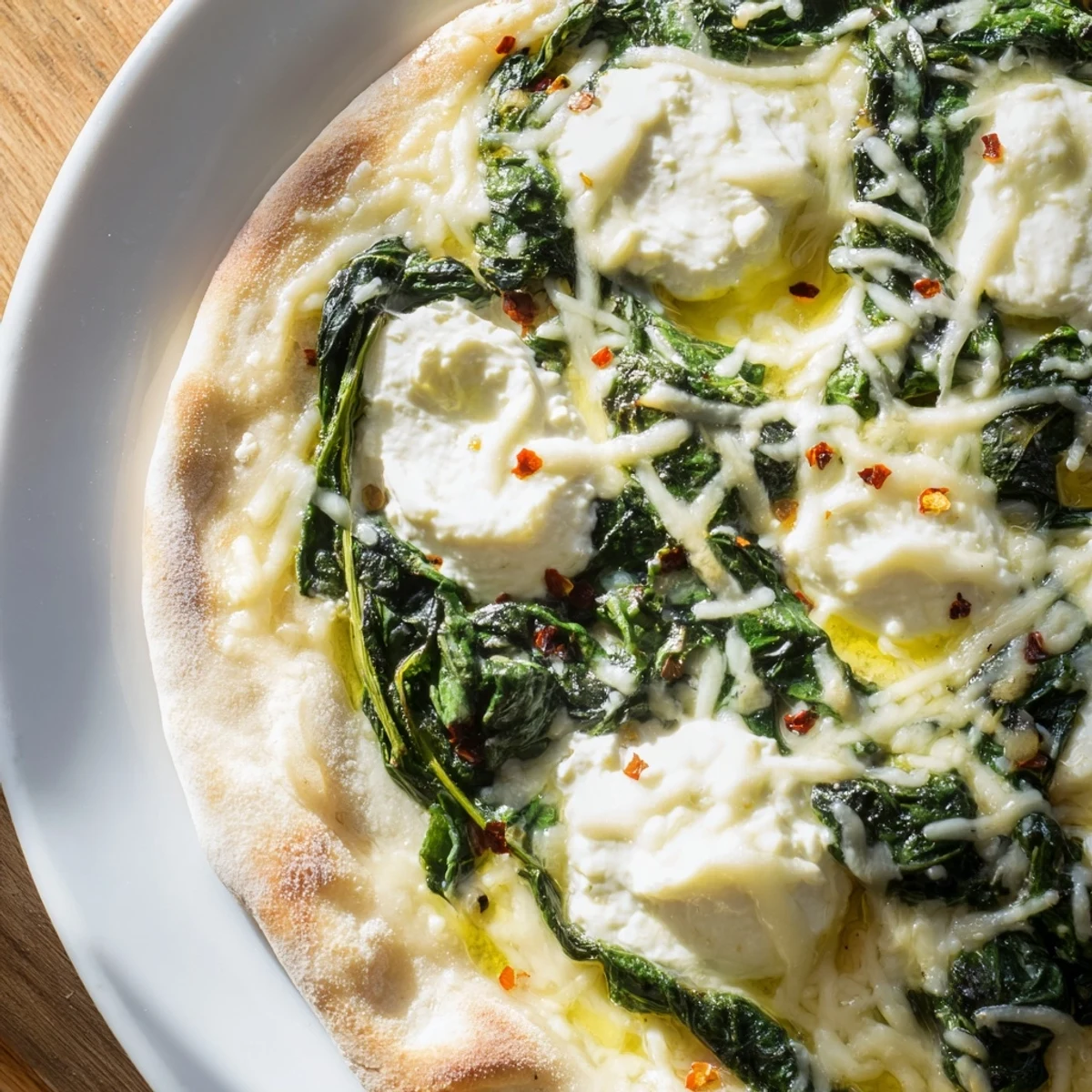 A golden, thin-crust Spinach Ricotta Pizza topped with creamy ricotta, sautéed spinach, and melted mozzarella, baked to perfection for a light, savory meal.  