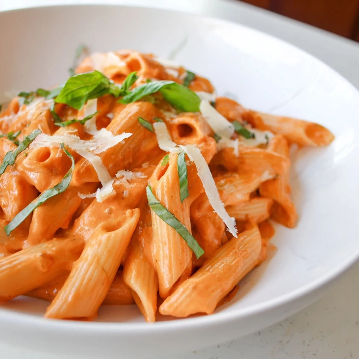 A hearty bowl of Roasted Red Pepper Pasta served with a sprinkle of Parmesan and a side of garlic bread.