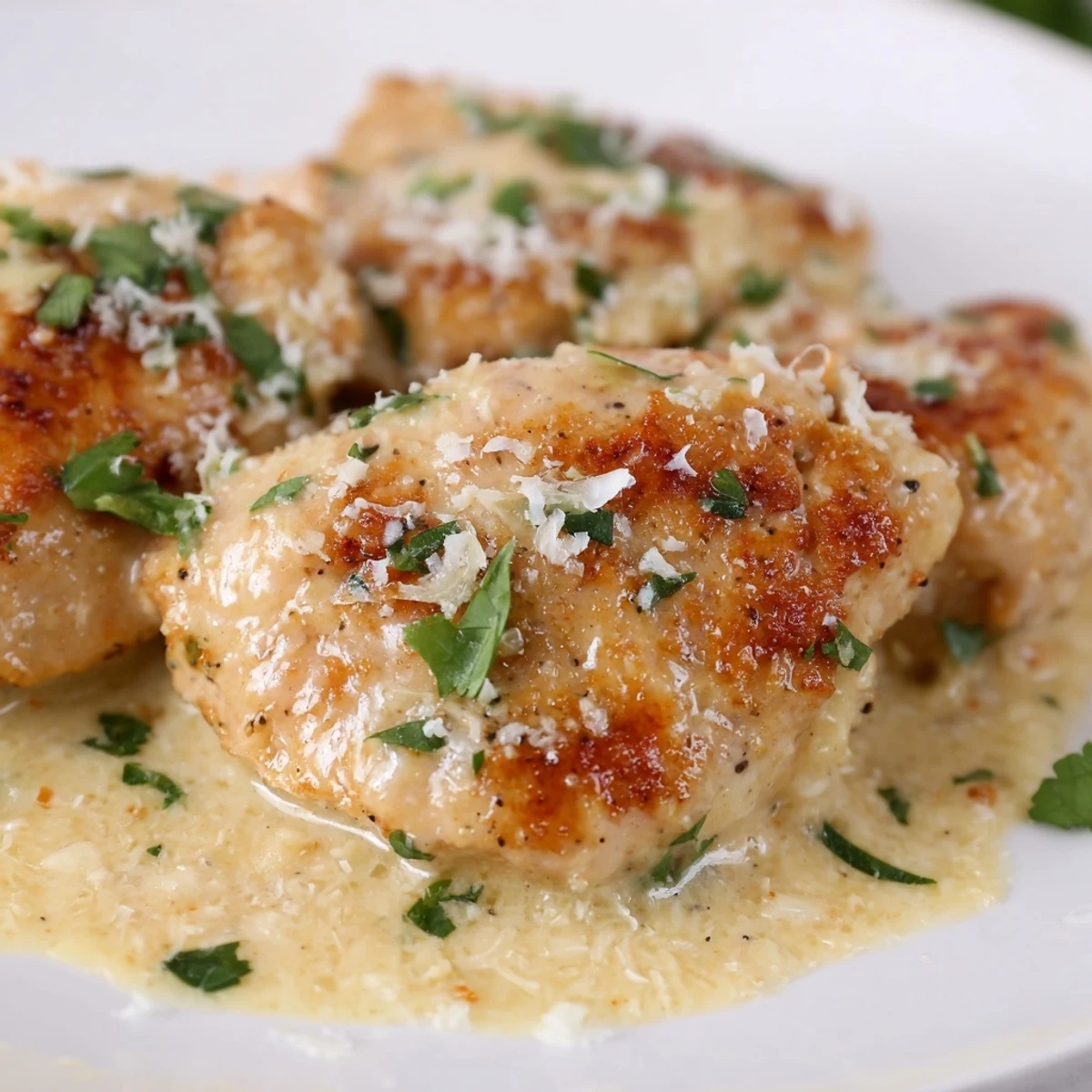 Golden-brown creamy garlic chicken bites simmered in a rich parmesan sauce, garnished with fresh parsley on a rustic skillet.