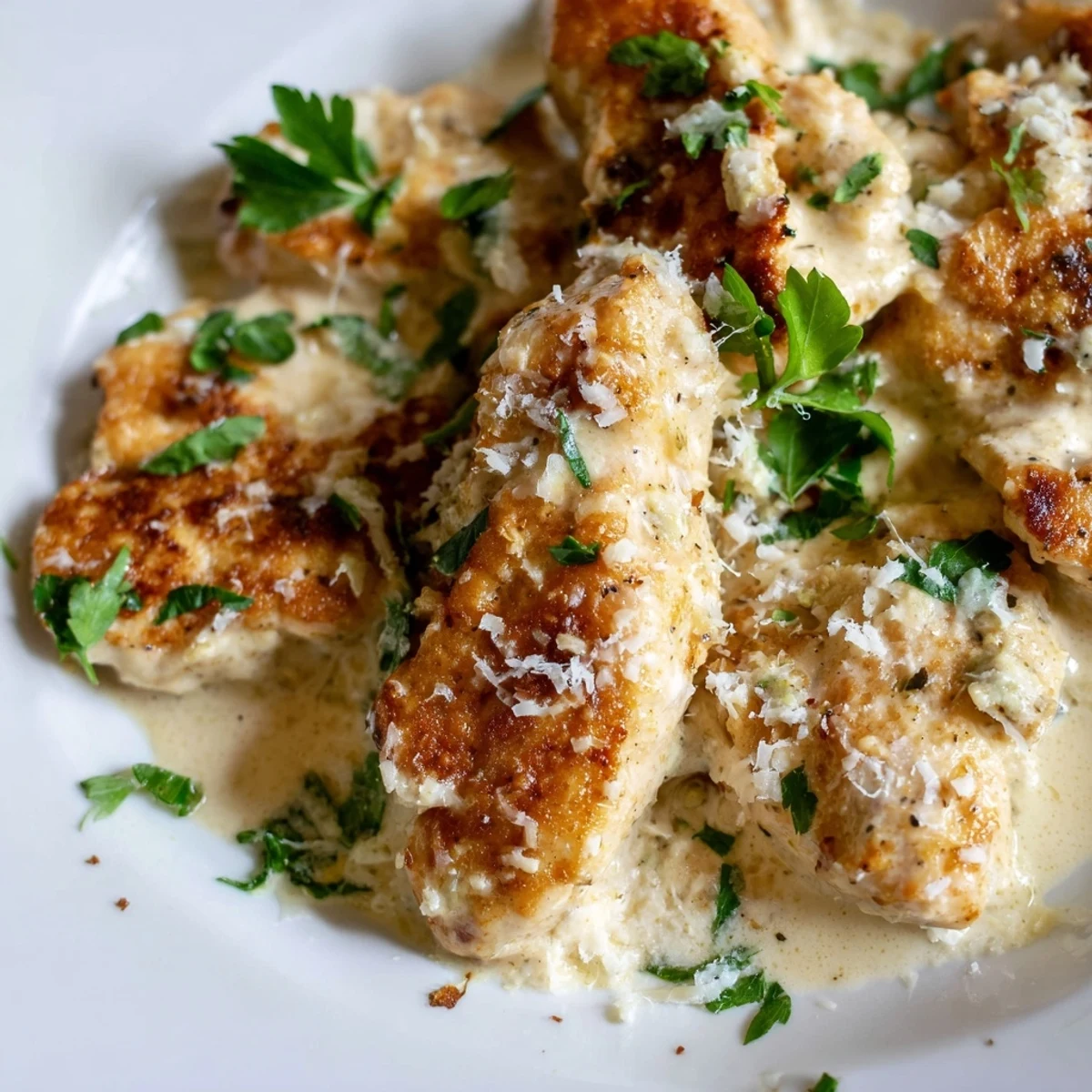 Tender chicken pieces coated in a luscious garlic cream sauce, served steaming hot over a bed of fluffy white rice.