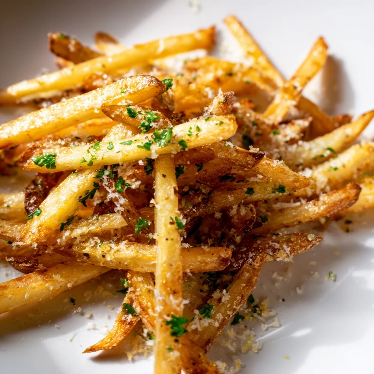 Golden-baked Truffle Parmesan Fries with fresh parsley garnish, served hot from the oven on a rustic platter.