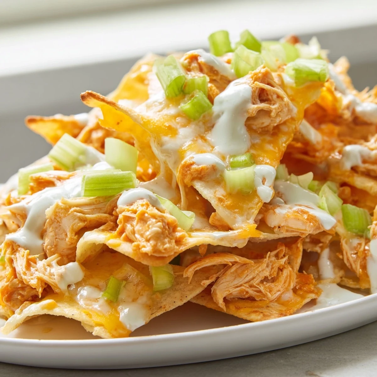 Golden buffalo chicken nachos topped with melted cheddar, crisp green onions, and a cool ranch drizzle on a serving platter.  