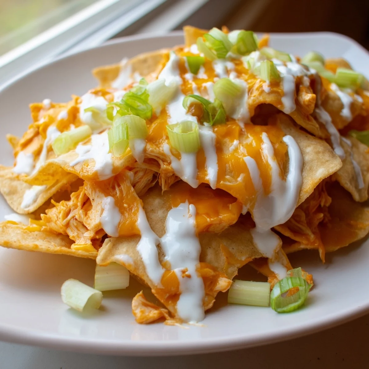 Baked buffalo chicken nachos featuring shredded chicken, Monterey Jack, and a generous ranch drizzle ready to serve.