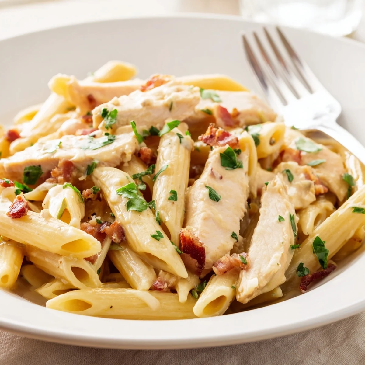 Close-up photo of Creamy Chicken Bacon Penne, showcasing penne coated in garlic cream sauce with chicken and bacon, ideal for cozy weeknight dinners.