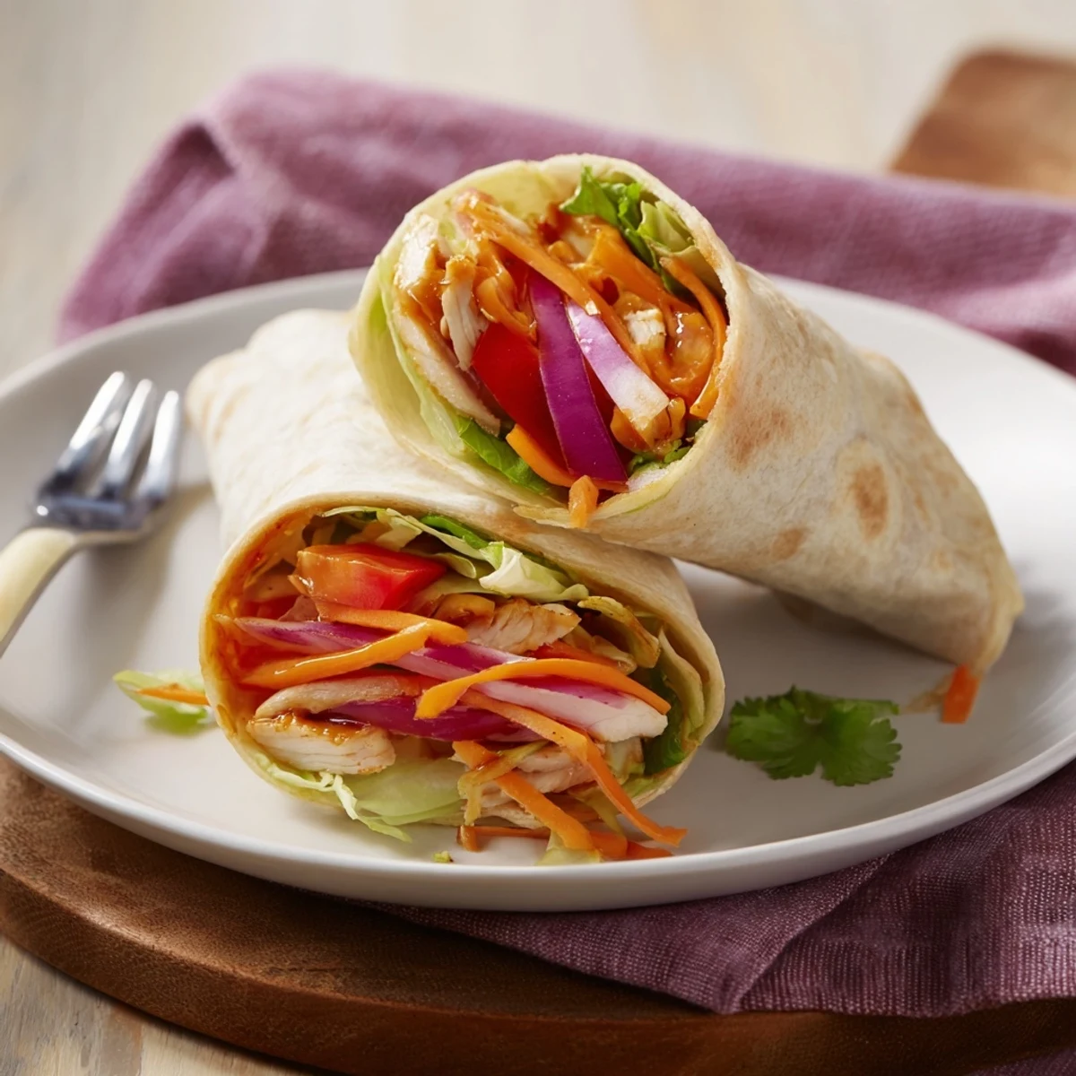 Tender glazed chicken strips in a warm flour tortilla, layered with crisp lettuce, carrots, and red onion for a honey sriracha chicken wrap.