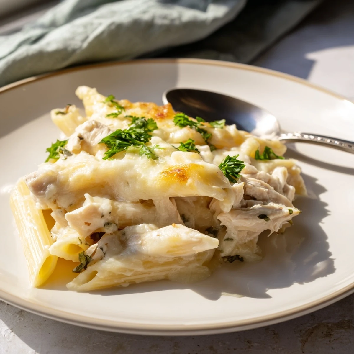 Freshly baked Chicken Alfredo Casserole garnished with parsley, alongside a simple green salad on the side.