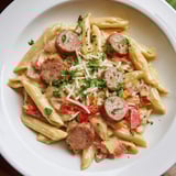 Golden penne pasta coated in rich Alfredo sauce with savory smoked sausage, a Cajun Alfredo symphony.