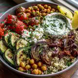 A close-up Mediterranean Buddha Bowl with fluffy quinoa, roasted zucchini, and bright cherry tomatoes topped with creamy hummus and tangy feta.