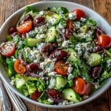 Crisp romaine, juicy tomatoes, and creamy feta in a vibrant Greek Salad Bowl drizzled with tangy vinaigrette.