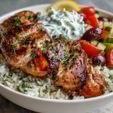 A vibrant Greek Chicken Bowl with juicy marinated chicken, fluffy herbed rice, and creamy tzatziki, garnished with fresh herbs and lemon wedges on a rustic table.