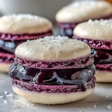 A close look at Black Currant Macarons showcasing delicate almond feet and vibrant, smooth ganache centers.
