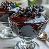 Two Black Currant Panna Cottas are plated with a spoon, showcasing a silky texture and a glossy black currant glaze, perfect for a sweet treat.