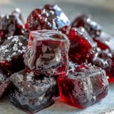 Homemade Black Currant Gummies on a wooden cutting board, dusted with sugar and ready to serve.